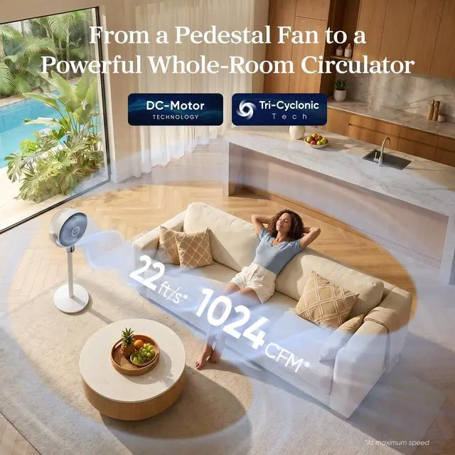Alt view image 2 of 7 - Standing Fan for Bedroom, 20dB Quiet Pedestal Fan for Sleep, 1024 CFM Ultra-High Airflow, 90° Oscillating Floor Fan, DC Motor, 5 Speeds, 12H Timer, Remote, for Home, Room, Office, White