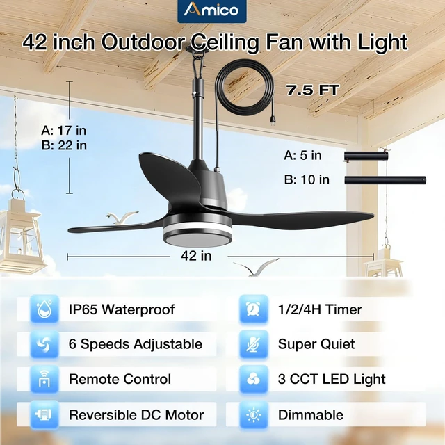 Alt view image 2 of 7 - 42" Outdoor Ceiling Fans with Lights, IP65 Waterproof Gazebo Fan Waterproof, Remote Control, 3000-6000K, 6 Speeds, Hook Hanging Plug in, for Patio Porch Pergola Garage