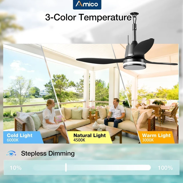 Alt view image 7 of 7 - 42" Outdoor Ceiling Fans with Lights, IP65 Waterproof Gazebo Fan Waterproof, Remote Control, 3000-6000K, 6 Speeds, Hook Hanging Plug in, for Patio Porch Pergola Garage