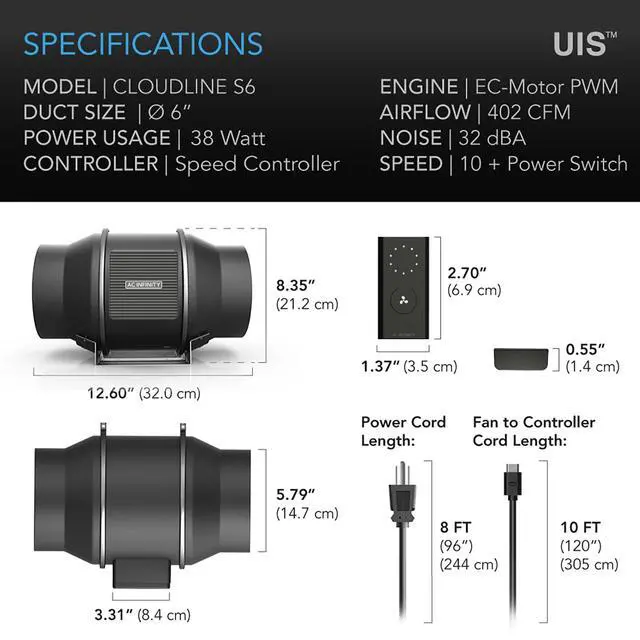 Alt view image 6 of 7 - AC Infinity CLOUDLINE PRO S6, Quiet 6 Inline Duct Fan with Speed Controller - EC Motor Ventilation Exhaust Fan for Heating Cooling Booster, Grow Tents, Hydroponics