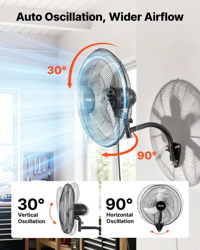 Alt view image 3 of 8 - VEVOR Wall Mount Fan, 20 in Wall Mounted Hanging Fan Oscillating, 3-Speed, Long Airflow Distance, Adjustable Rotation Angle, Mechanical Powerful for Industry, Commercial, Garage, Workshop, Gym, 2 Pack