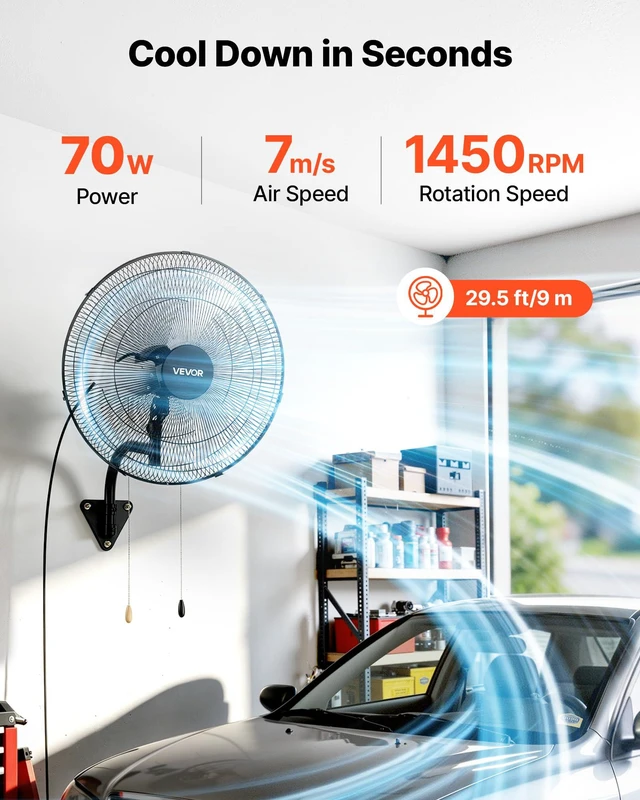 Alt view image 2 of 8 - VEVOR Wall Mount Fan, 20 in Wall Mounted Hanging Fan Oscillating, 3-Speed, Long Airflow Distance, Adjustable Rotation Angle, Mechanical Powerful for Industry, Commercial, Garage, Workshop, Gym, 2 Pack
