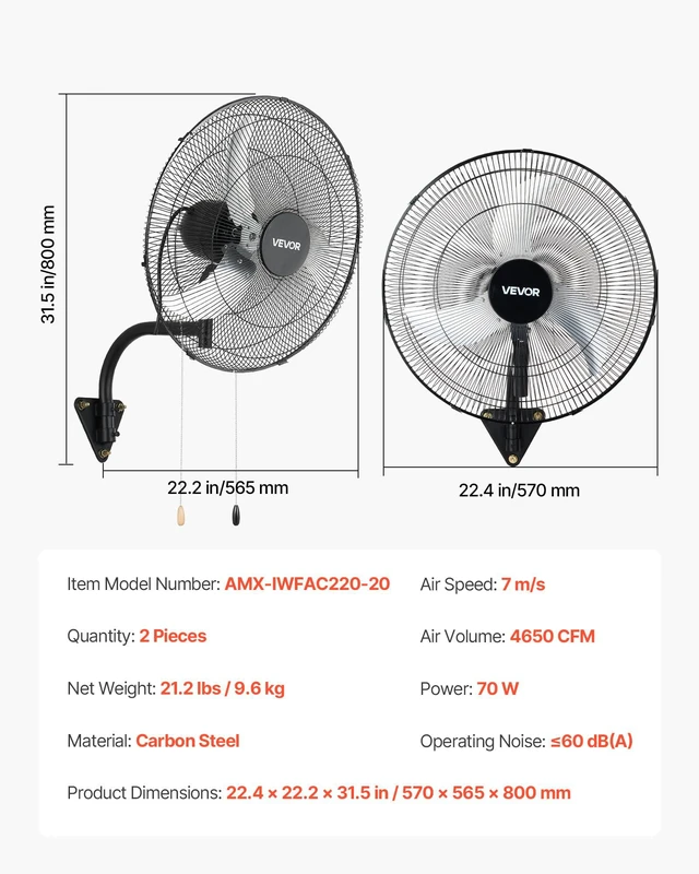 Alt view image 7 of 8 - VEVOR Wall Mount Fan, 20 in Wall Mounted Hanging Fan Oscillating, 3-Speed, Long Airflow Distance, Adjustable Rotation Angle, Mechanical Powerful for Industry, Commercial, Garage, Workshop, Gym, 2 Pack