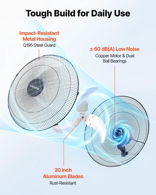 Alt view image 5 of 8 - VEVOR Wall Mount Fan, 20 in Wall Mounted Hanging Fan Oscillating, 3-Speed, Long Airflow Distance, Adjustable Rotation Angle, Mechanical Powerful for Industry, Commercial, Garage, Workshop, Gym, 2 Pack