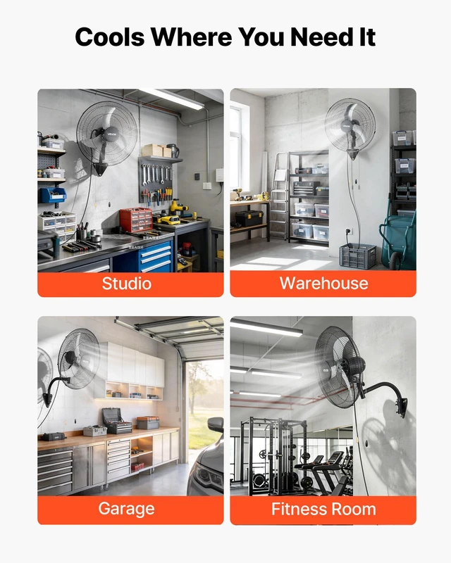 Alt view image 6 of 8 - VEVOR Wall Mount Fan, 20 in Wall Mounted Hanging Fan Oscillating, 3-Speed, Long Airflow Distance, Adjustable Rotation Angle, Mechanical Powerful for Industry, Commercial, Garage, Workshop, Gym, 2 Pack