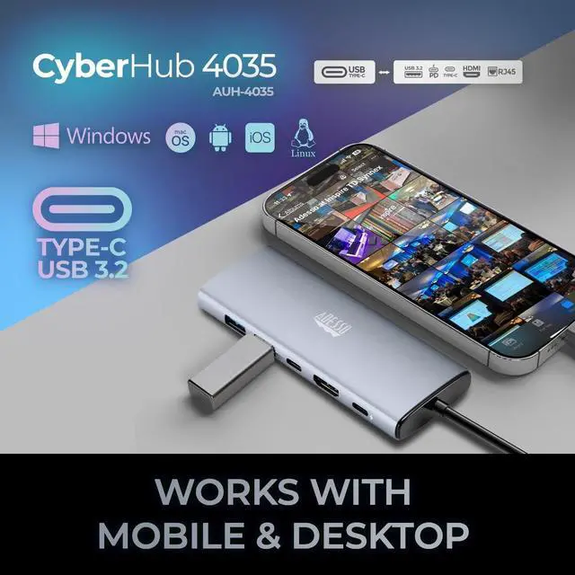 Alt view image 15 of 20 - Adesso AUH-4035 Docking Station - for Notebook/Tablet PC/Smartphone/Monitor/TV/Projector - Charging Capability - Memory Card Reader - SD, TransFlash - USB Type C - 1 Displays Supported - 4K @ 60Hz - 3
