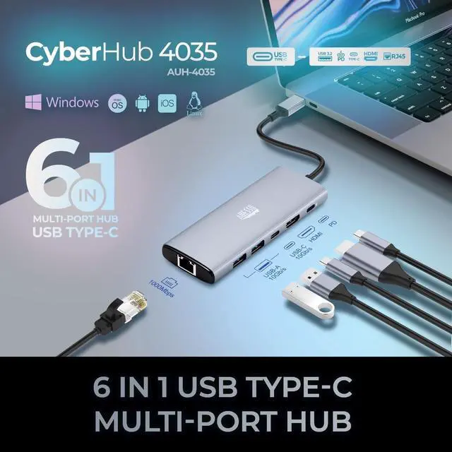 Alt view image 17 of 20 - Adesso AUH-4035 Docking Station - for Notebook/Tablet PC/Smartphone/Monitor/TV/Projector - Charging Capability - Memory Card Reader - SD, TransFlash - USB Type C - 1 Displays Supported - 4K @ 60Hz - 3