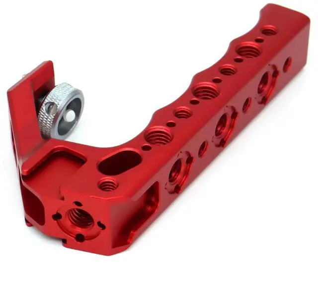 Alt view image 3 of 4 - SZJELEN 3/8" Screw Mount Camera Top Handle with Spring positioning Pins for Camera Cage, Microphone, LED Light, Monitor, 1/4" Screw Holes & 3 Cold Shoes - Red