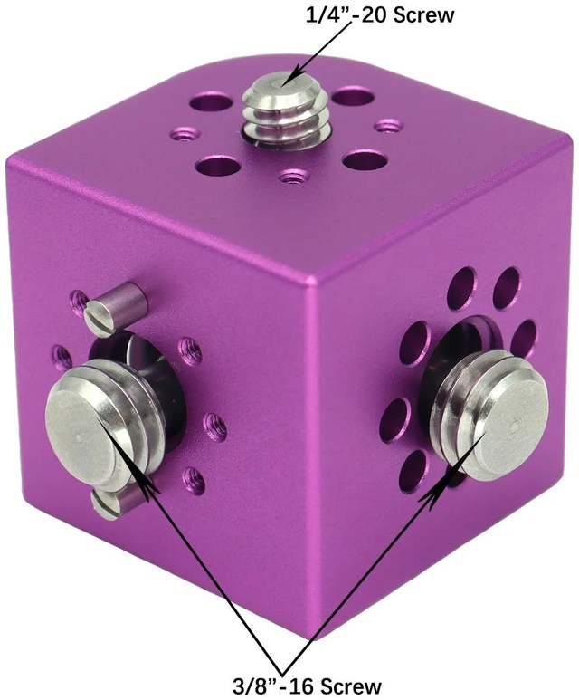 Alt view image 4 of 5 - SZJELEN Camera Mount Cube Adapter (4-Sided) Camera Mount with 3/8" Locating Holes, 3/8 to 1/4 Thread Adapter, 1/4 Screws, 3/8 Screws and Locating Pins - Purple