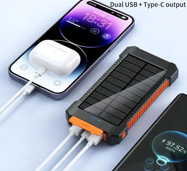 Alt view image 5 of 6 - 20000mAh Solar Portable Charger, Waterproof, Outdoor Camping Power Bank with Bright LED Flashlight, Multi-Function Fast Charging