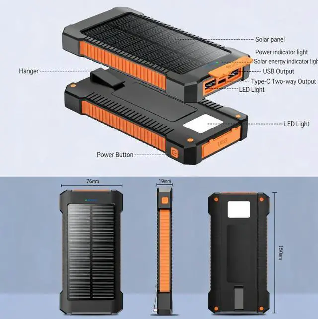 Alt view image 6 of 6 - 20000mAh Solar Portable Charger, Waterproof, Outdoor Camping Power Bank with Bright LED Flashlight, Multi-Function Fast Charging