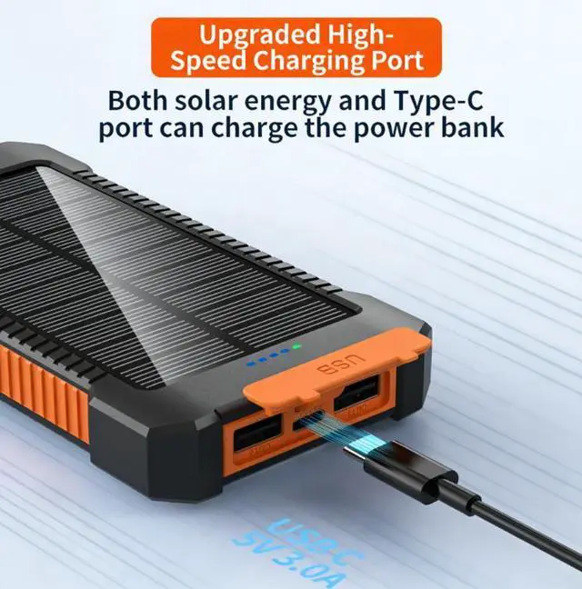 Alt view image 4 of 6 - 20000mAh Solar Portable Charger, Waterproof, Outdoor Camping Power Bank with Bright LED Flashlight, Multi-Function Fast Charging