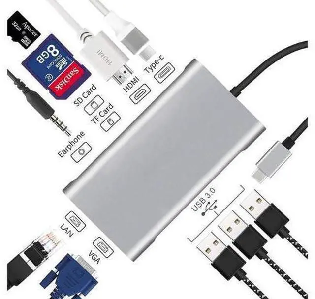 Alt view image 3 of 7 - USB C Hub Upgraded 10 in 1 USB Type C Adapter with Gigabit Ethernet Port,PD Type C Charging Port,4K HDMI,VGA,SD TF Card Reader,3 USB Ports and Audio Port Compatible for MacBook