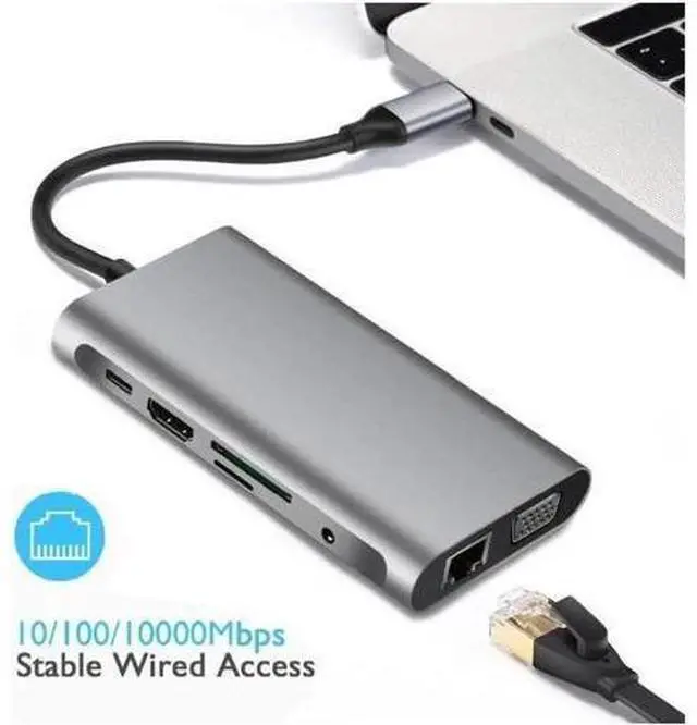 Alt view image 4 of 7 - USB C Hub Upgraded 10 in 1 USB Type C Adapter with Gigabit Ethernet Port,PD Type C Charging Port,4K HDMI,VGA,SD TF Card Reader,3 USB Ports and Audio Port Compatible for MacBook