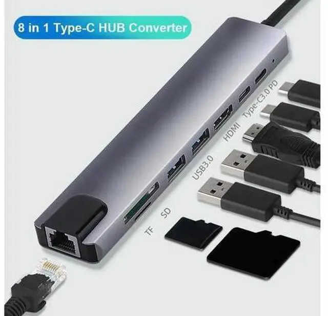 Main image of USB C Hub 8-in-1 Type C Hub Adapter with 4K USB C to HDMI,Ethernet,87W PD,Type-C Port,2USB3.0,SD/TF, Compatible MacBook/Pro/Air,XPS 13 15,HP Spectre,Surface Go, Surfae Pro X/7