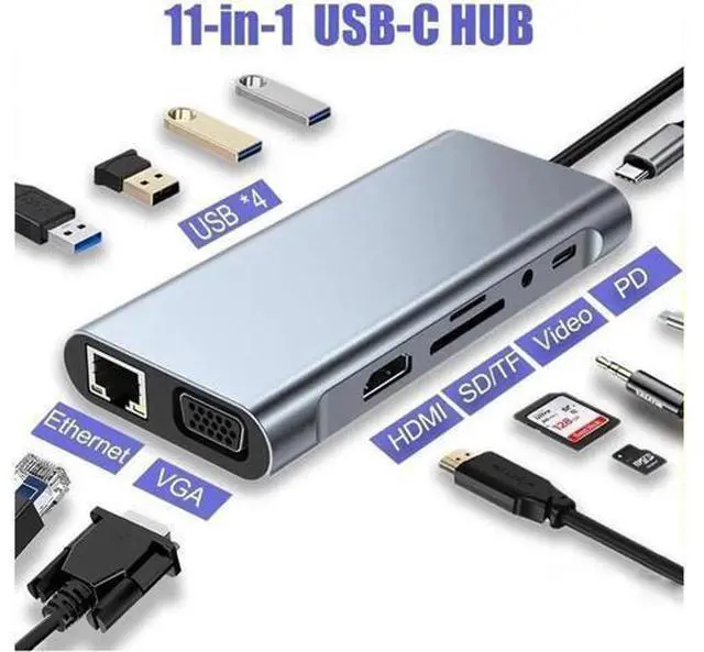 Main image of Aluminum 11 in 1 USB Hub USB C Hub, Multiport USB Splitter Expand with 4 USB Port & TF/SD Card Reader HDMI VGA RJ45 3.5mm for MacBook Pro Air, for iPad Pro Laptop, Phones and More Devices