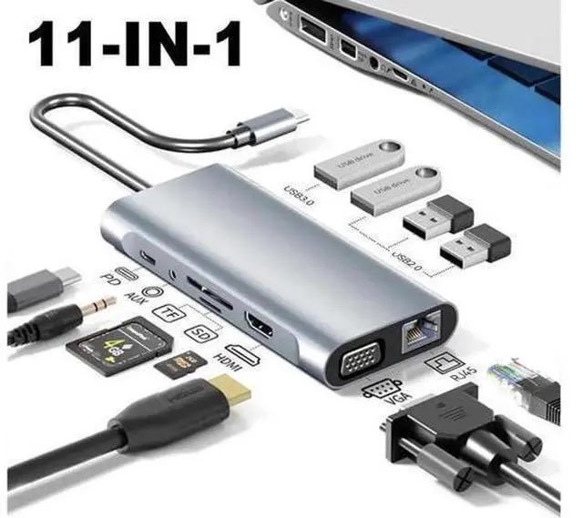 Main image of 11in1 USB C hub,USB hub with USB C Multiport Adapter, USB Splitter with 4K HDMI, VGA, RJ45, USB 3.0, 3*USB 2.0 Ports, 100W USB-C PD, 3.5mm Aux,USB c hub for MacBook/PC/Laptop/Tablet Devices