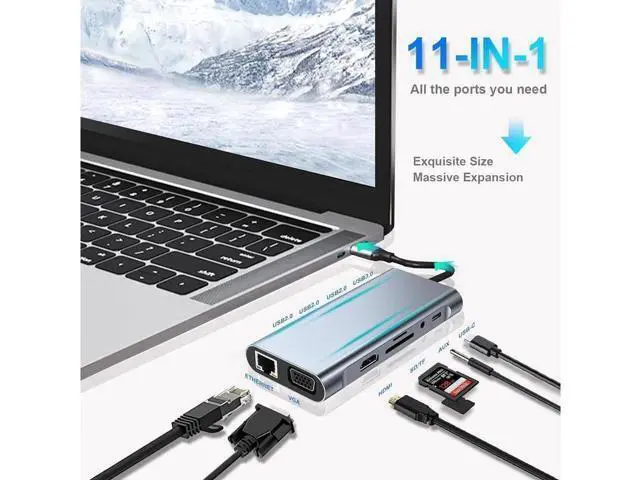 Alt view image 2 of 7 - 11in1 USB C hub,USB hub with USB C Multiport Adapter, USB Splitter with 4K HDMI, VGA, RJ45, USB 3.0, 3*USB 2.0 Ports, 100W USB-C PD, 3.5mm Aux,USB c hub for MacBook/PC/Laptop/Tablet Devices