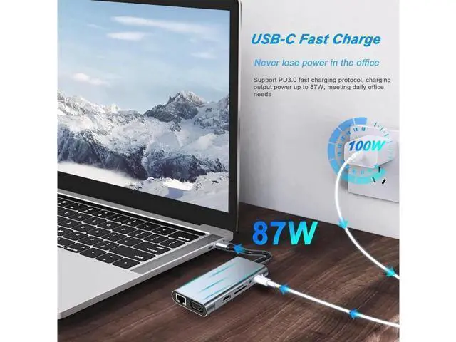 Alt view image 7 of 7 - 11in1 USB C hub,USB hub with USB C Multiport Adapter, USB Splitter with 4K HDMI, VGA, RJ45, USB 3.0, 3*USB 2.0 Ports, 100W USB-C PD, 3.5mm Aux,USB c hub for MacBook/PC/Laptop/Tablet Devices
