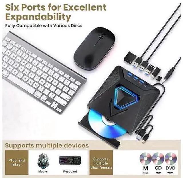 Alt view image 6 of 7 - External CD/DVD Drive for Laptops, 7-in-1 External CD/DVD Drive with 4 USB Ports, SD/TF Card Slots, CD/DVD +/-RW Drive, USB 3.0 DVD Burner Compatible with Laptop, Mac, Windows 11/10/8/7, Linux