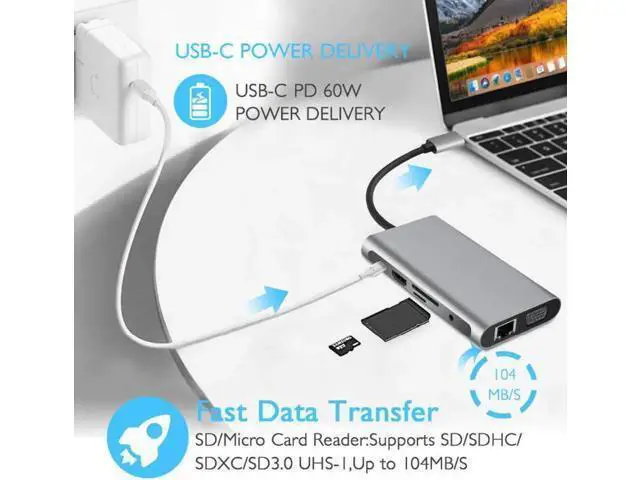 Alt view image 2 of 7 - USB C Hub, USB C Adapter,Jansicotek Thunderbolt 3 hub, Multiport USB C to HDMI Adapter with Type C Charging Port, USB 3.0 Ports, Ethernet Port for MacBook Pro 2017/2016 (10 in 1)