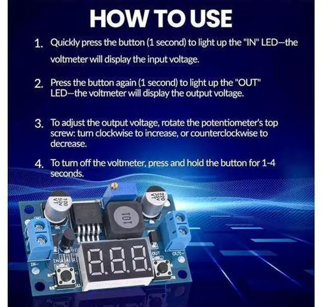 Alt view image 4 of 7 - LM2596 Adjustable DC-DC Step-Down Buck Converter Module with LED Voltmeter Display, Voltage Regulator 4.0-40V Input to 1.25-37V Output Power Supply Module (Pack of 6)