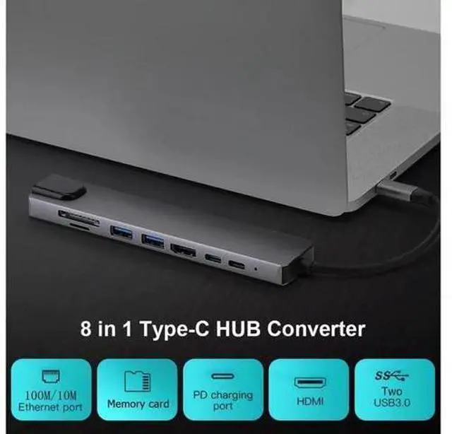 Alt view image 3 of 7 - Update Version USB C Hub, 8-in-1 Type c hub Adapter with RJ45 Ethernet Port, 4K USB C to HDMI, 2USB 3.0 Ports, Type-C Port, USB C PD Charging Port, SD/TF Card Reader for MacBook Pro