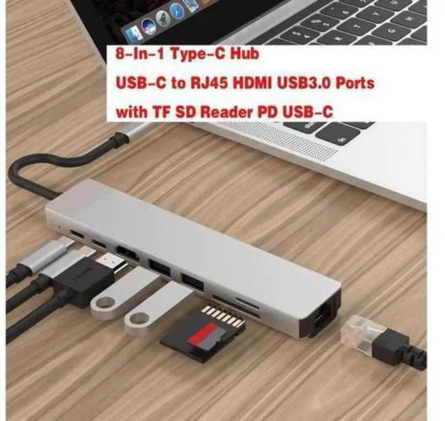 Main image of USB C Hub 8 in 1 Multi-Function Hub with USB C to 4K HDMI, RJ45 Ethernet Port, 2 USB 3.0 ports, SD/TF Card Reader, 87W PD, Type-C Port for iPad Air 2020, MacBook Pro 13/15
