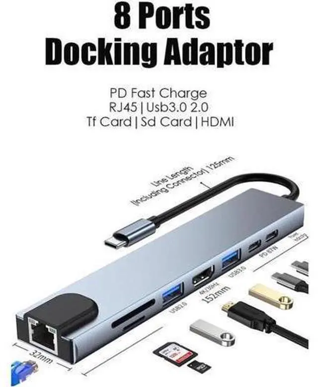 Main image of USB C Hub Adapter 8-in-1 4K USB C to HDMI Type C to 100M Ethernet , USB C to USB3.0/2.0 SD/TF Card Reader,3.0 Power Delivery USB-C Data Port,Portable Compatible with MacBook 2018 Ipad Pro
