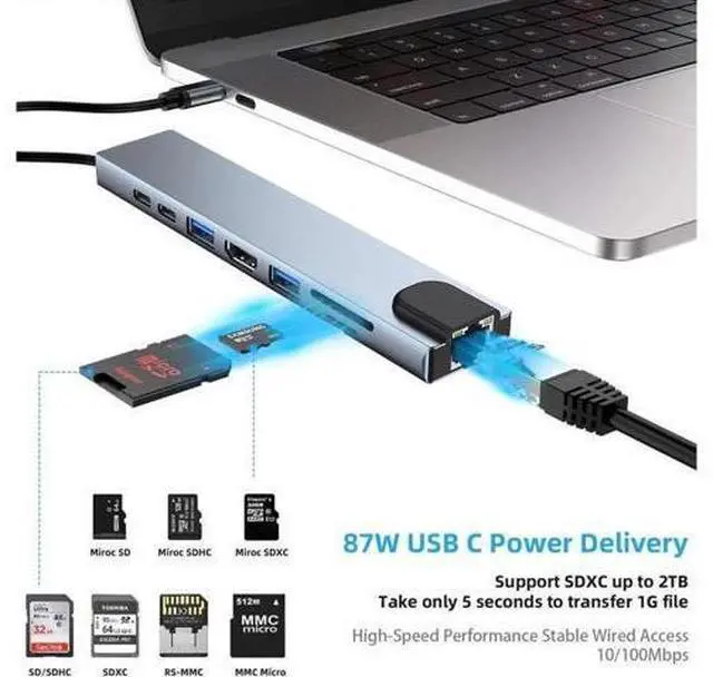 Alt view image 4 of 7 - USB C Hub Adapter 8-in-1 4K USB C to HDMI Type C to 100M Ethernet , USB C to USB3.0/2.0 SD/TF Card Reader,3.0 Power Delivery USB-C Data Port,Portable Compatible with MacBook 2018 Ipad Pro