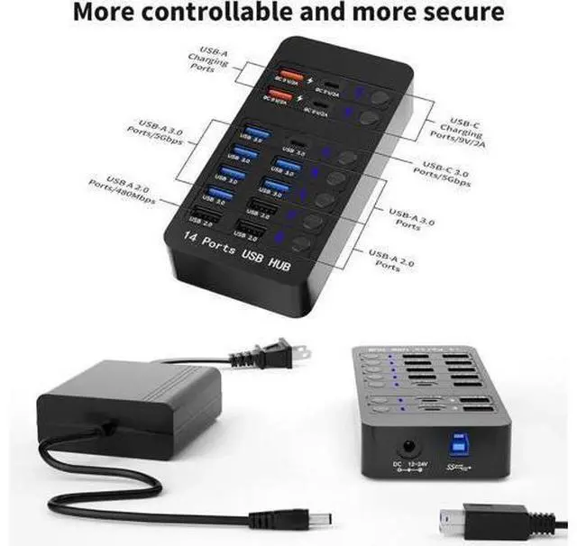 Alt view image 5 of 6 - Powered USB 3.0 Hub, 14 Ports USB Splitter Hub (10 Faster Data Transfer Ports + 4 Smart USB Charging Port) USB Hub with LED Individual On/Off Switches for PC, Laptop, Desktop