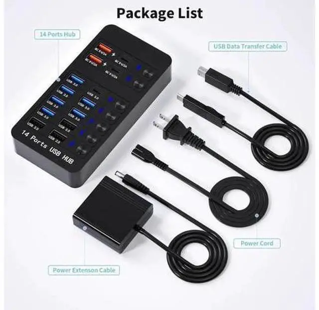 Alt view image 6 of 6 - Powered USB 3.0 Hub, 14 Ports USB Splitter Hub (10 Faster Data Transfer Ports + 4 Smart USB Charging Port) USB Hub with LED Individual On/Off Switches for PC, Laptop, Desktop