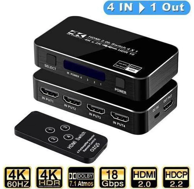 Main image of 4K@60Hz HDMI Switch 4in1 Out w/IR Remote Control 4Port Switcher Selector Box for Xbox Nintendo PS4 PS5TV Fire Stick Roku Supports Ultra HD Dolby Vision 18.5Gbps HDR10 HDCP 2.2 & 3D OZQ5