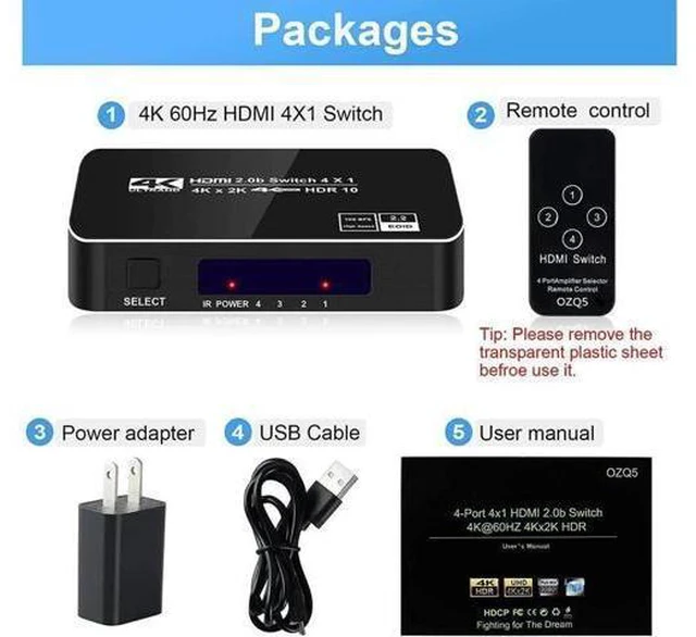 Alt view image 2 of 7 - 4K@60Hz HDMI Switch 4in1 Out w/IR Remote Control 4Port Switcher Selector Box for Xbox Nintendo PS4 PS5TV Fire Stick Roku Supports Ultra HD Dolby Vision 18.5Gbps HDR10 HDCP 2.2 & 3D OZQ5
