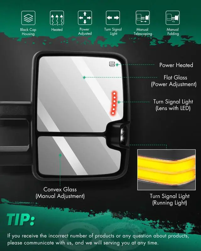 Alt view image 2 of 7 - Tow Mirrors Compatible with for 2007-2014 For Chevy Silverado For GMC Sierra Pickup Truck Power Adjusted Heated LED Turn Signal Running Width Light Black Towing Mirrors LH RH