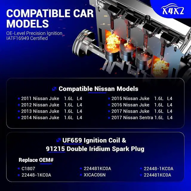 Alt view image 2 of 7 - UF659 Ignition Coil & 91215 Spark Plug For 2011-2017 Nissan Juke/2017 Nissan Sentra 1.6L L4 Replaces# C1807, 22448-1KC0A,