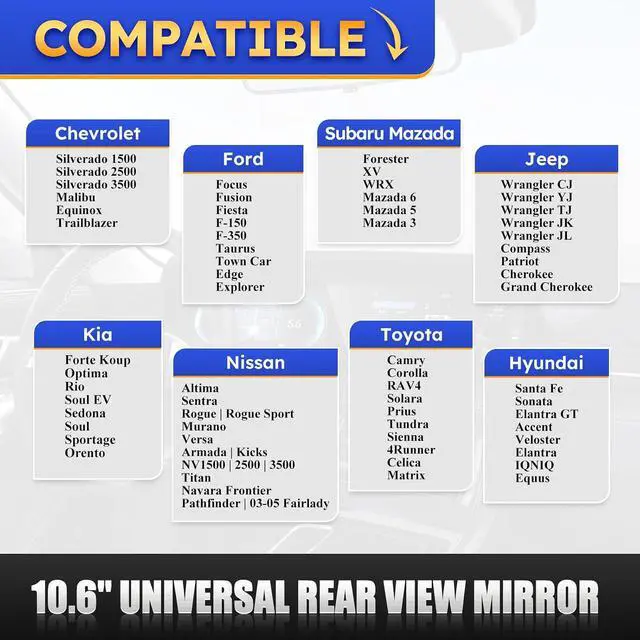 Alt view image 2 of 7 - 10.6" Rear View Mirror, Interior Rearview Mirror Universal Fit Type, Compatible with Jeep Wrangler Nissan Rogue Altima Toyota Corolla Camry Tacoma Ford F150 Focus Honda Civic Accord and More for car