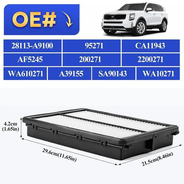 Alt view image 6 of 7 - CA11943 Engine Air Filter - Hyundai/Kia Compatible with Santa Fe (2017-2020), Palisade (2020-2023), Sedona (2015-2021), Sorento (2016-2020) & Telluride (2020-2023) - 28113-A9100
