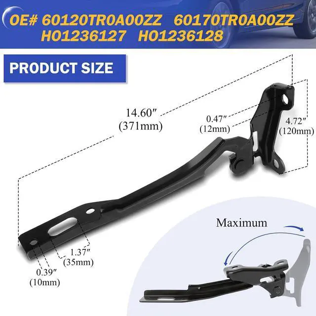 Alt view image 6 of 7 - Hood Hinge for 2012-2015 Honda Civic Front Left/Right Driver & Passenger Side LH RH HO1236127 HO1236128