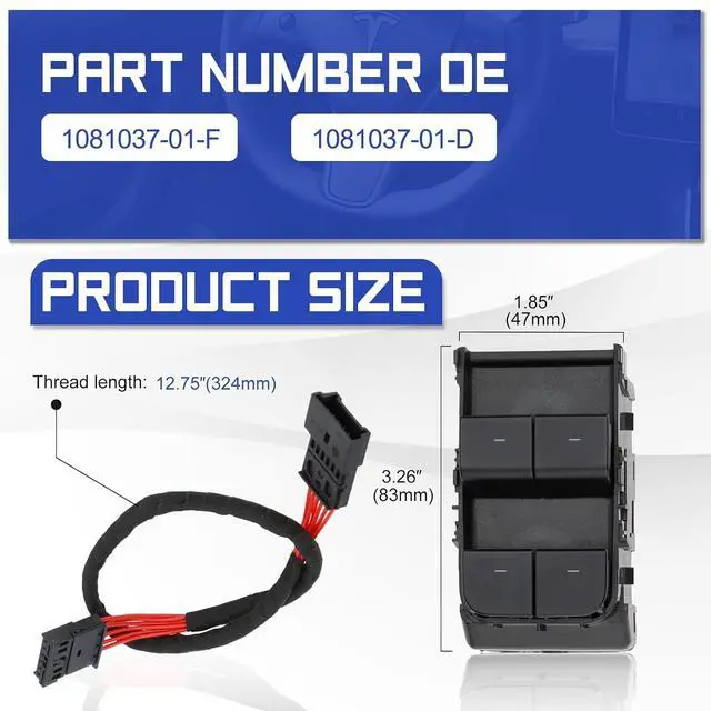 Alt view image 7 of 7 - 1081037-01-F Door Power Window Switch, Front Left Driver Side Master Window Switch for Tesla Model 3 2017 2018 2019 2020, Replace# 1081037-01-D