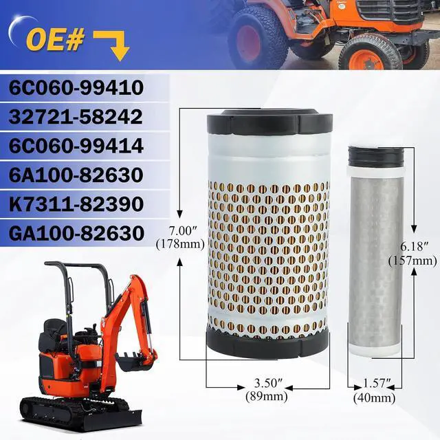 Alt view image 6 of 7 - 6C060-99410 6C060-99414 Engine Air Filter With 32721-58242 Inner Filter For Kubota tractor B21 B2301 B2410 B2630 B2710B3200 B3300 B7300 B7400 B7410 B7500 B7510 B2601 B2920 B2910 F2260 F3080 ZG227