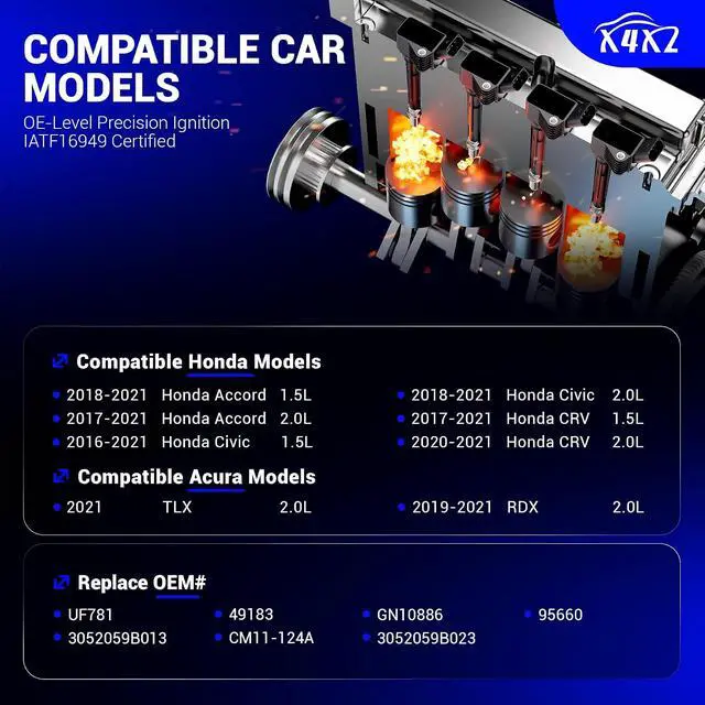 Alt view image 2 of 7 - UF781 Ignition Coil & 95660 Double Iridium Spark Plugs Compatible with 2016-2021 Honda Accord/Civic/CRV 1.5L 2.0L, 2019-2021 Acura RDX, 2021 TLX Replace# 3052059B013 CM11-124A 49183