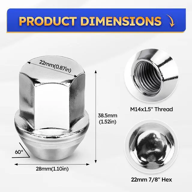 Alt view image 7 of 7 - 611-330 24pcs M14x1.5 Chrome OEM Factory Style Lug Nuts 22 MM Hex, 38.5 Mm Length for 11-22 Jeep Grand Cherokee,11-20 Dodge Durango, 05-19 Chrysler 300 & All m14x1.5 7/8" Hex Conical Seat Wheel Nuts