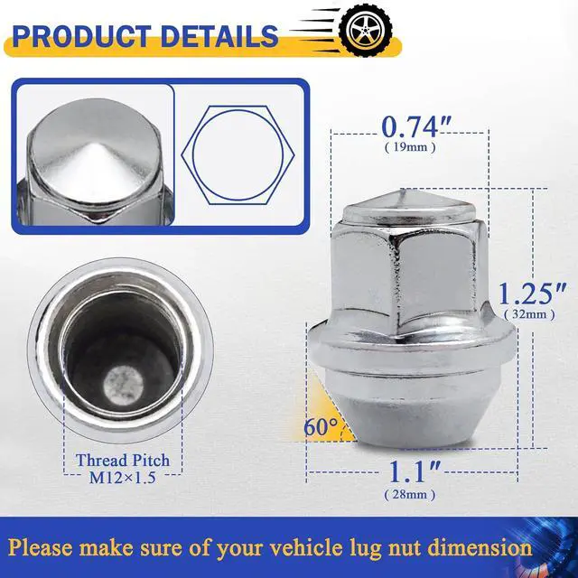 Alt view image 3 of 7 - 20PCS M12*1.5 Lug Nut - 3/4" 19mm Hex 32mm Length - Chrome Factory Style Wheel Nut for 2011-2020 Ford Focus Escape Fusion Fiesta Ranger EcoSport Transit Connect Lincoln MKC MKZ (OEM# 611-303)