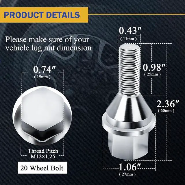 Alt view image 3 of 7 - 611-005 20pcs M12*1.25 Chrome Wheel Lug Bolts,25mm Thread Length 19mm Hex 2.4 inch Length for 14-23 Jeep Cherokee, 18-23 Compass, 15-23 Renegade, 15-17 Chrysler 200, 13-16 Dodge Dart 6511051AA