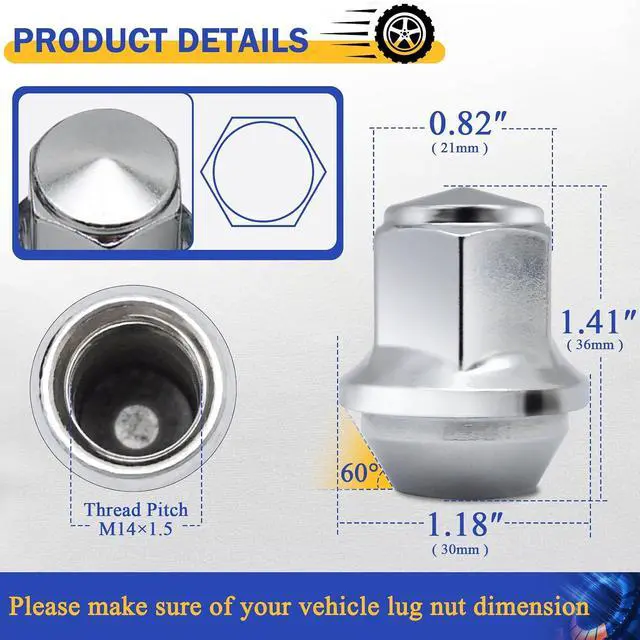 Alt view image 3 of 7 - 20PCS M14*1.5 Lug Nuts - 13/16" 21mm Hex 36mm Length - Chrome Factory Style Wheel Nut for 2015-2021 Ford Mustang Explorer Edge Fusion/Lincoln MKZ MKX Aviator 611-007 ACPZ-1012-D ACPZ-1012-M