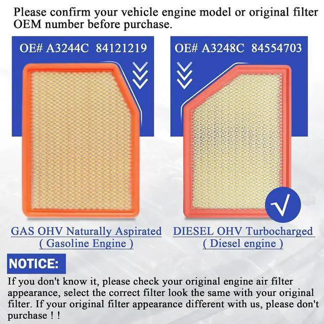 Alt view image 2 of 7 - A3248C 84554703 Engine Air Filter for 2020 2021 2022 2023 Chevy Silverado GMC Sierra 2500 HD 3500 HD 6.6L (Diesel Engine ONLY)