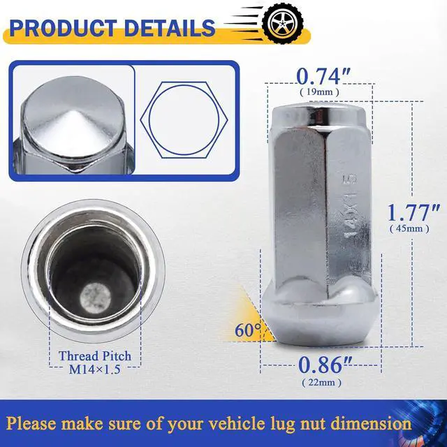 Alt view image 3 of 7 - 24PCS M14x1.5 Lug Nuts - 3/4" 19mm Hex 45mm Length - Chrome Factory Style Wheel Nut for Silverado Avalanche Suburban Tahoe Sierra Yukon Escalade Buick Enclave Wrangler Grand Cherokee RAM 1500 Acadia