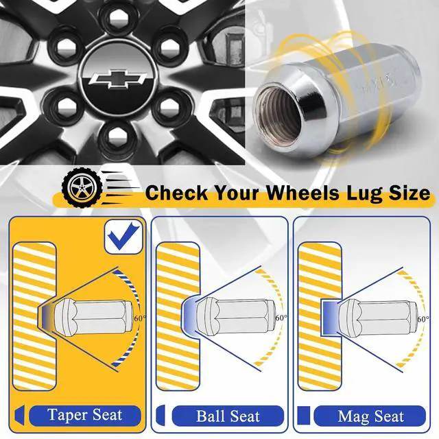 Alt view image 4 of 7 - 24PCS M14x1.5 Lug Nuts - 3/4" 19mm Hex 45mm Length - Chrome Factory Style Wheel Nut for Silverado Avalanche Suburban Tahoe Sierra Yukon Escalade Buick Enclave Wrangler Grand Cherokee RAM 1500 Acadia