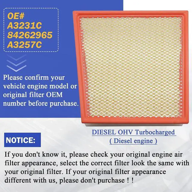 Alt view image 2 of 7 - A3231C Engine Air FIlter for 2017-2019 Chevy Silverado 2500HD 3500HD GMC Sierra 2500HD 3500HD Duramax 6.6L V8 84262965 A3257C (Diesel Engine Only)